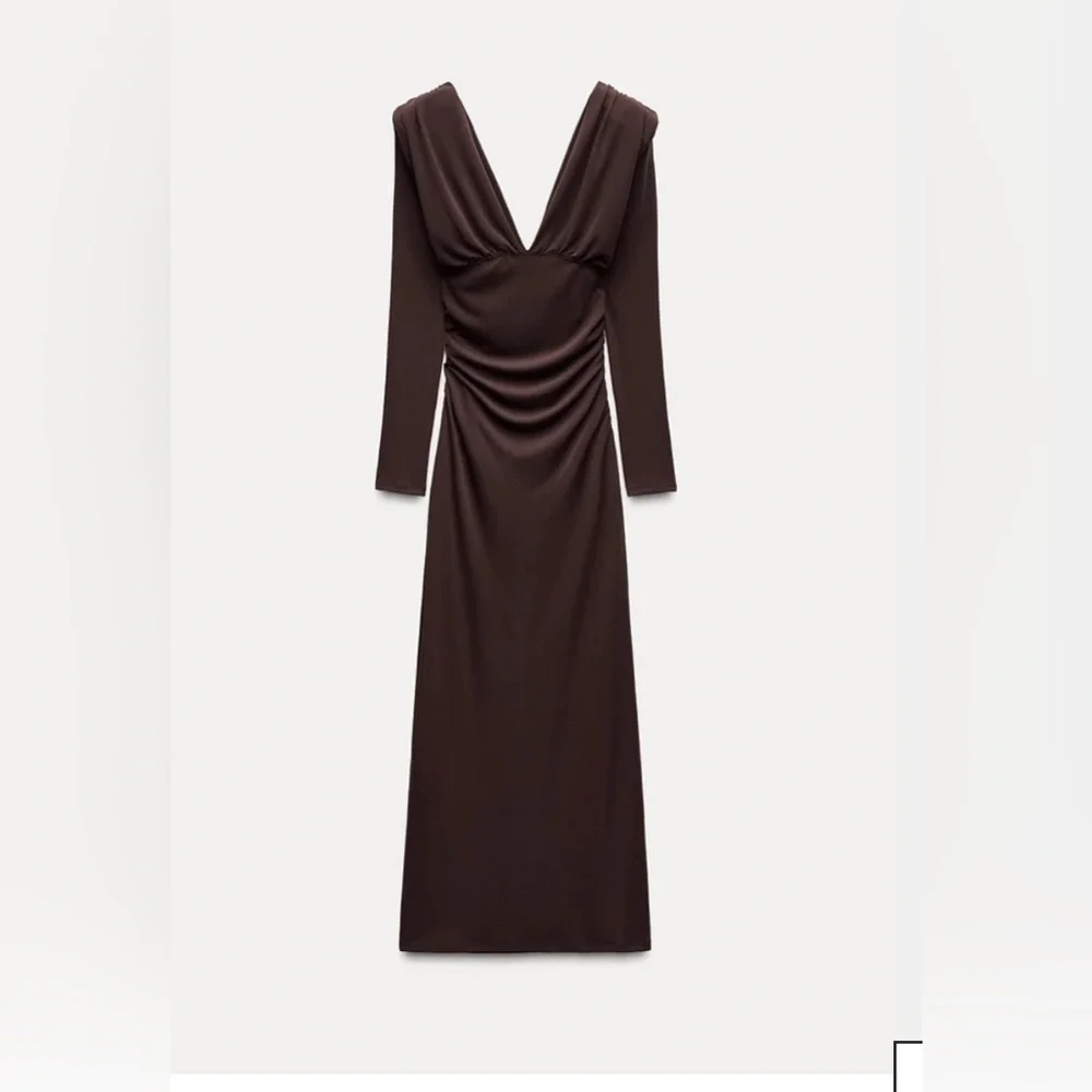 BNWT Zara Chocolate Long Dress with Shoulder Pads – Size M - Picture 4 of 16